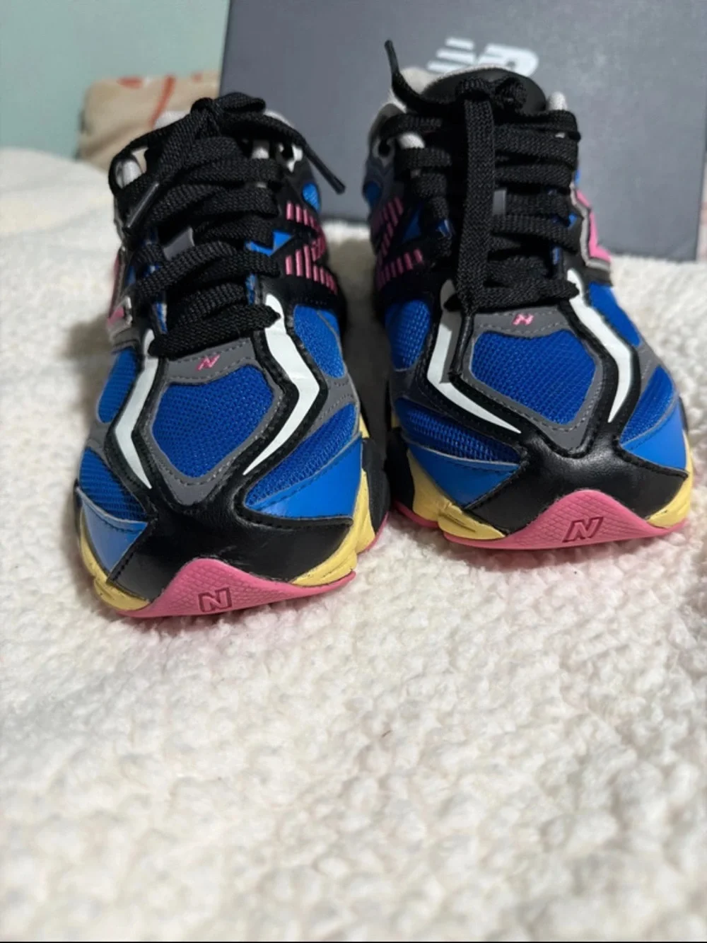 New Balance Kids Royal Blue Sneakers with Pink and Yellow Accents